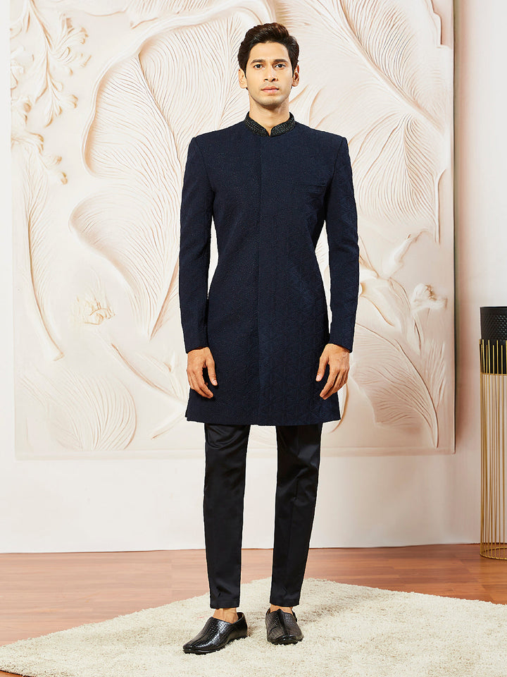 Men's Navy Blue Silk Blend Indo Western And Pant Set