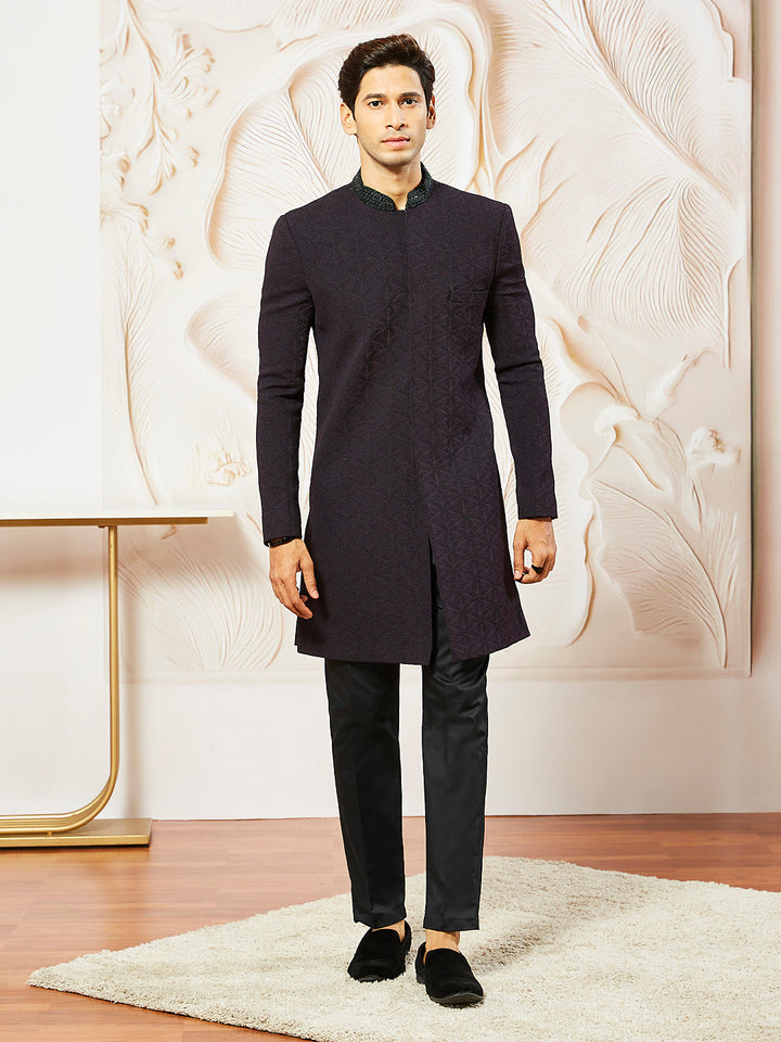 Men's Wine  Silk Blend Indo Western And Pant Set