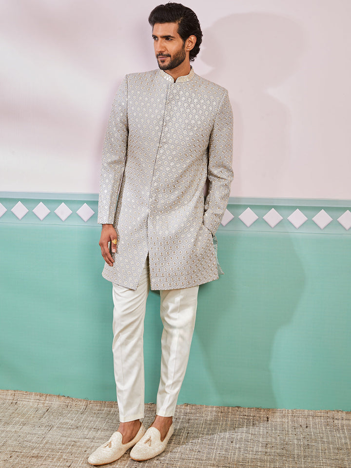 Men's Grey Rayon Indo Western And Pyjama Set