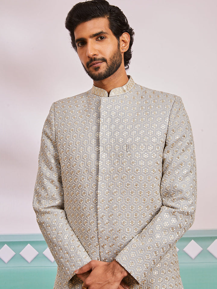 Men's Grey Rayon Indo Western And Pyjama Set