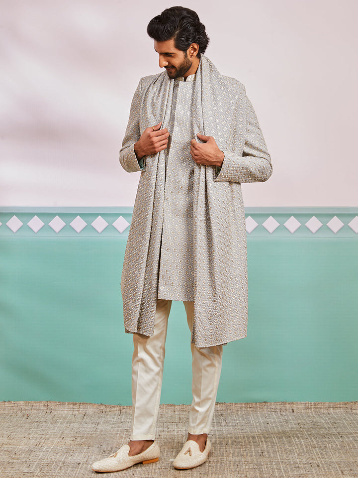 Men's Grey Rayon Indo Western,Pyjama And Dupatta Set