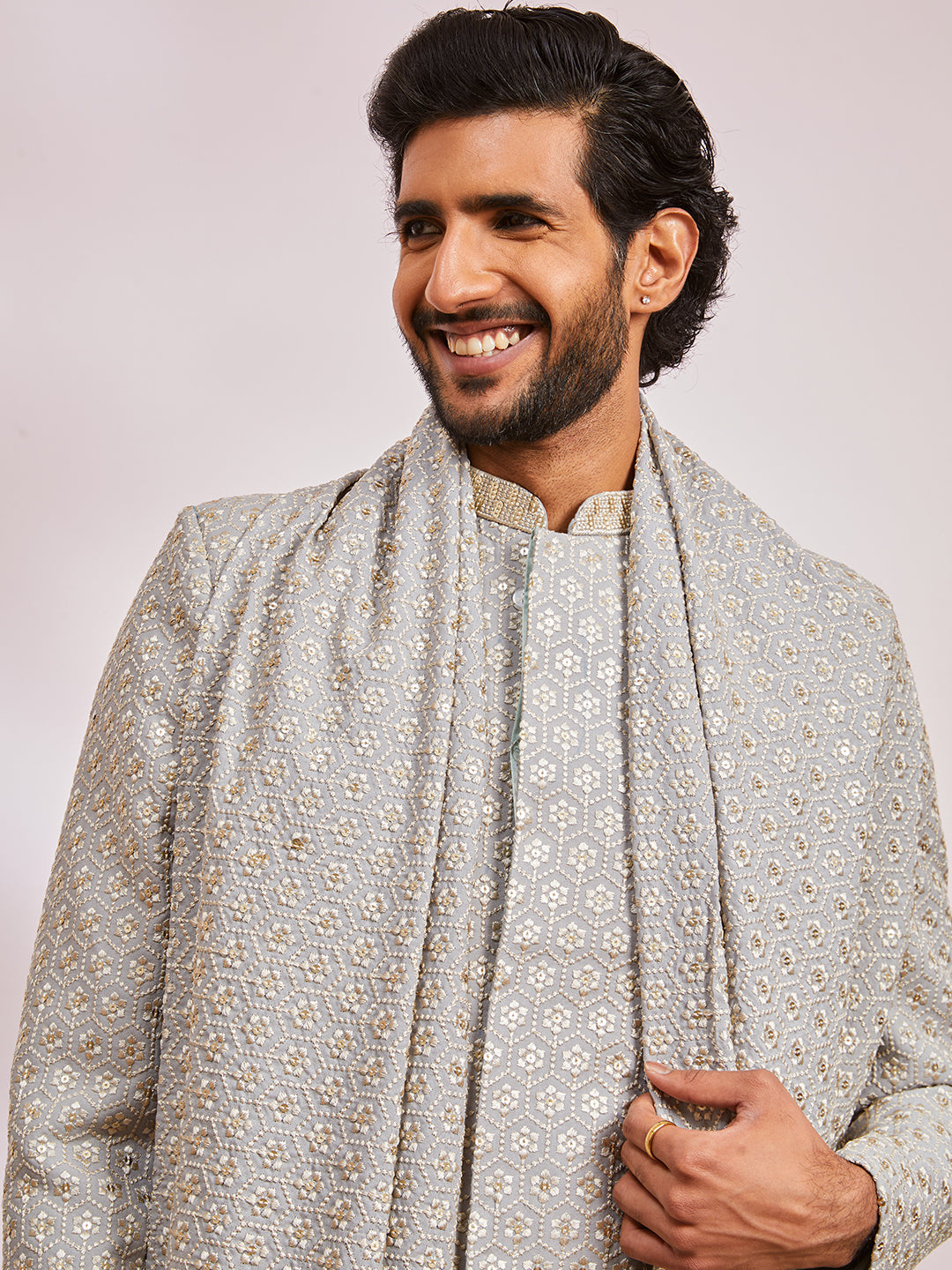 Men's Grey Rayon Indo Western,Pyjama And Dupatta Set