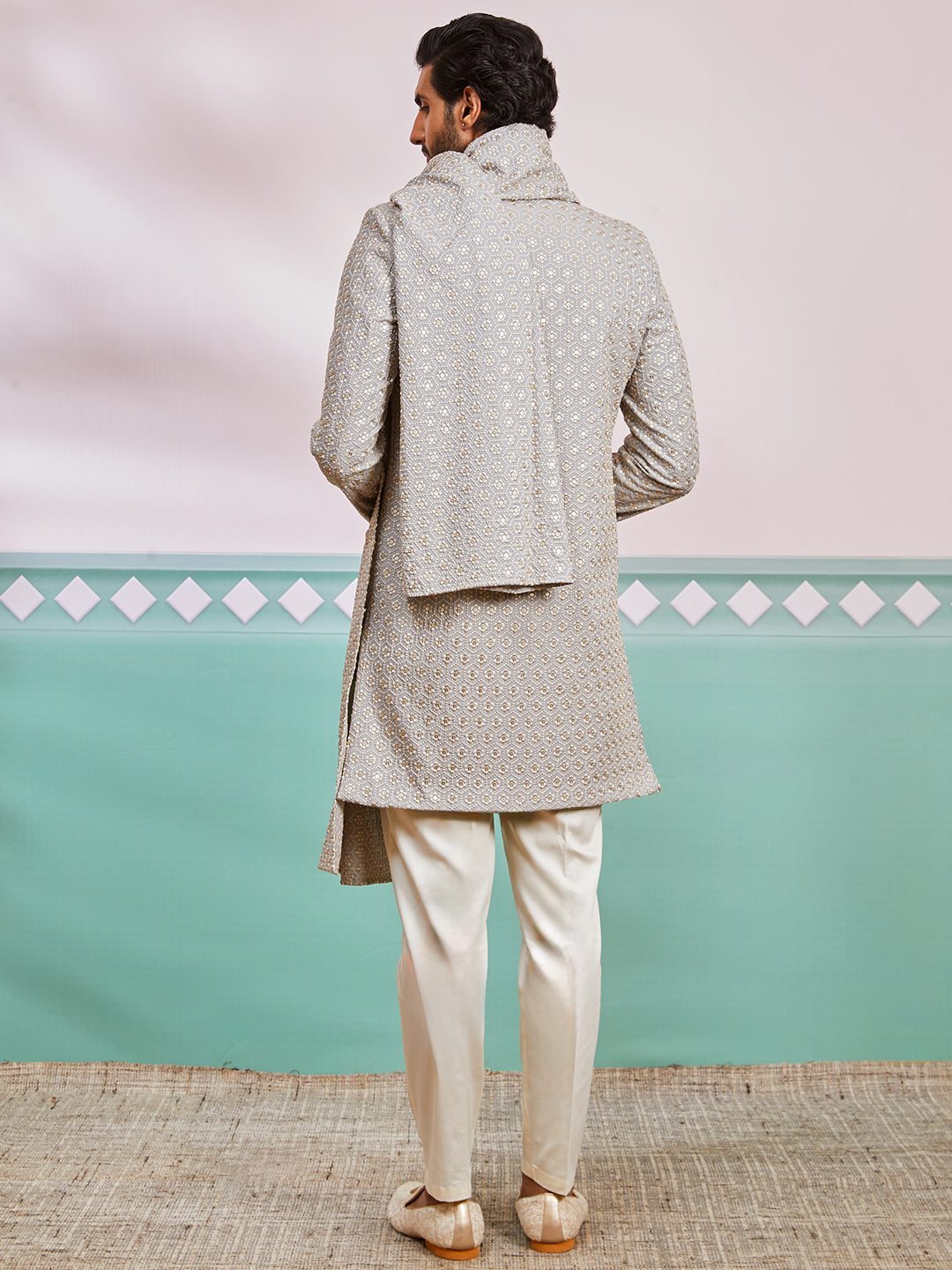 Men's Grey Rayon Indo Western,Pyjama And Dupatta Set