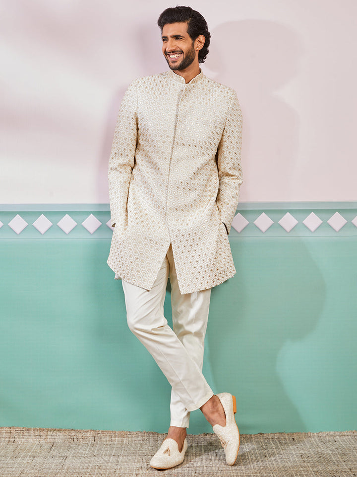 Men's Off White Rayon Indo Western And Pyjama Set