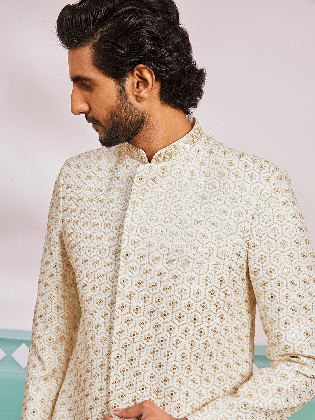 Men's Off White Rayon Indo Western And Pyjama Set