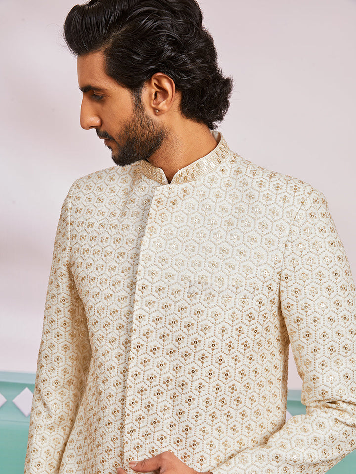 Men's Off White Rayon Indo Western And Pyjama Set