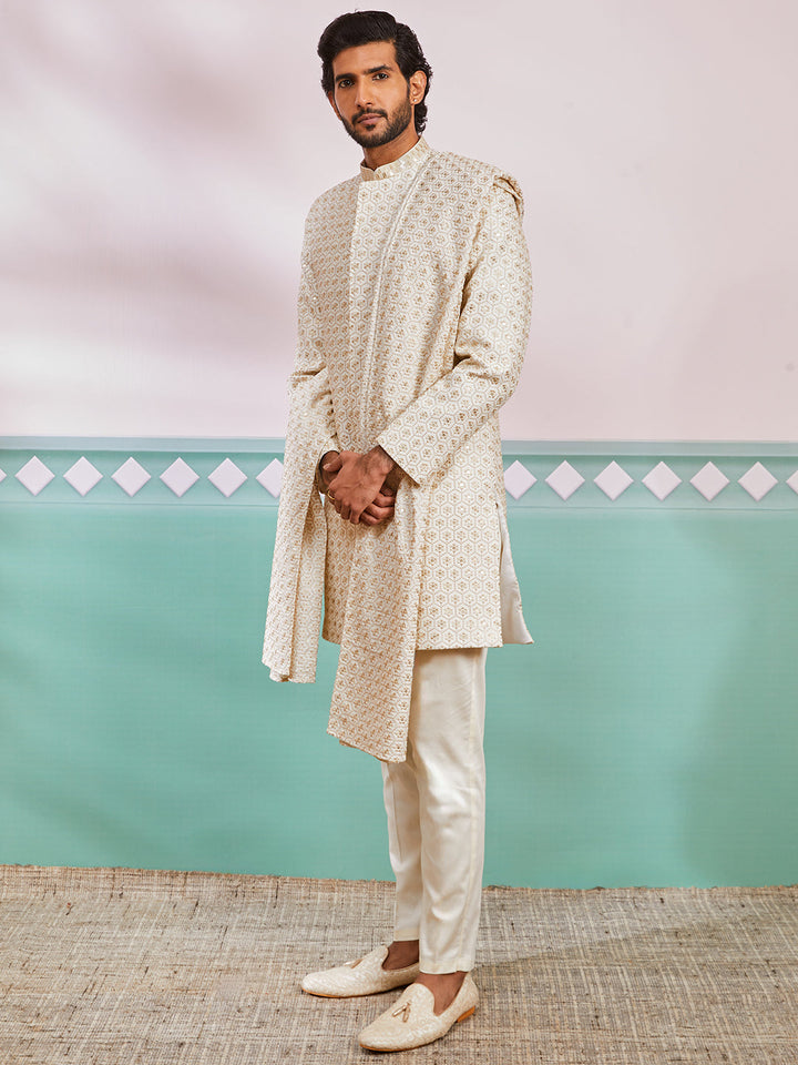 Men's Off White Rayon Indo Western,Pyjama And Dupatta Set