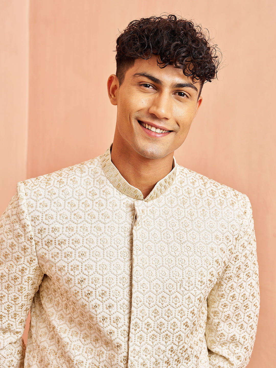 Men's Off White Indo-Western with Cream Pant Set