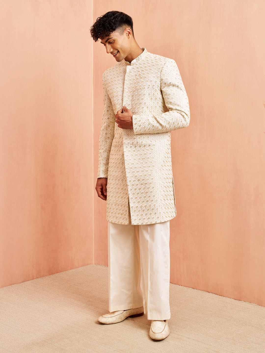 Men's Off White Indo-Western with Cream Pant Set