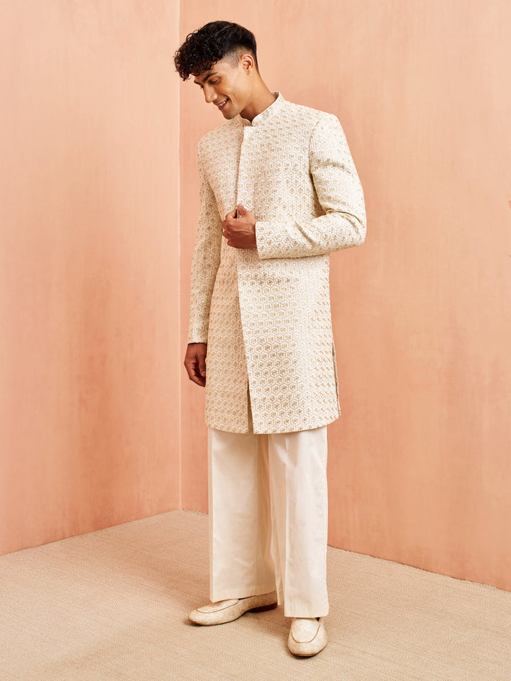 Men's Off White Indo-Western with Cream Pant Set