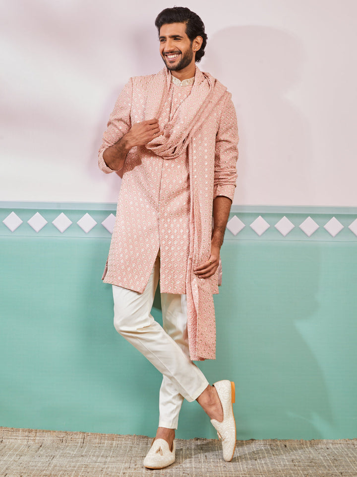 Men's Peach Rayon Indo Western, Pyjama And Dupatta Set