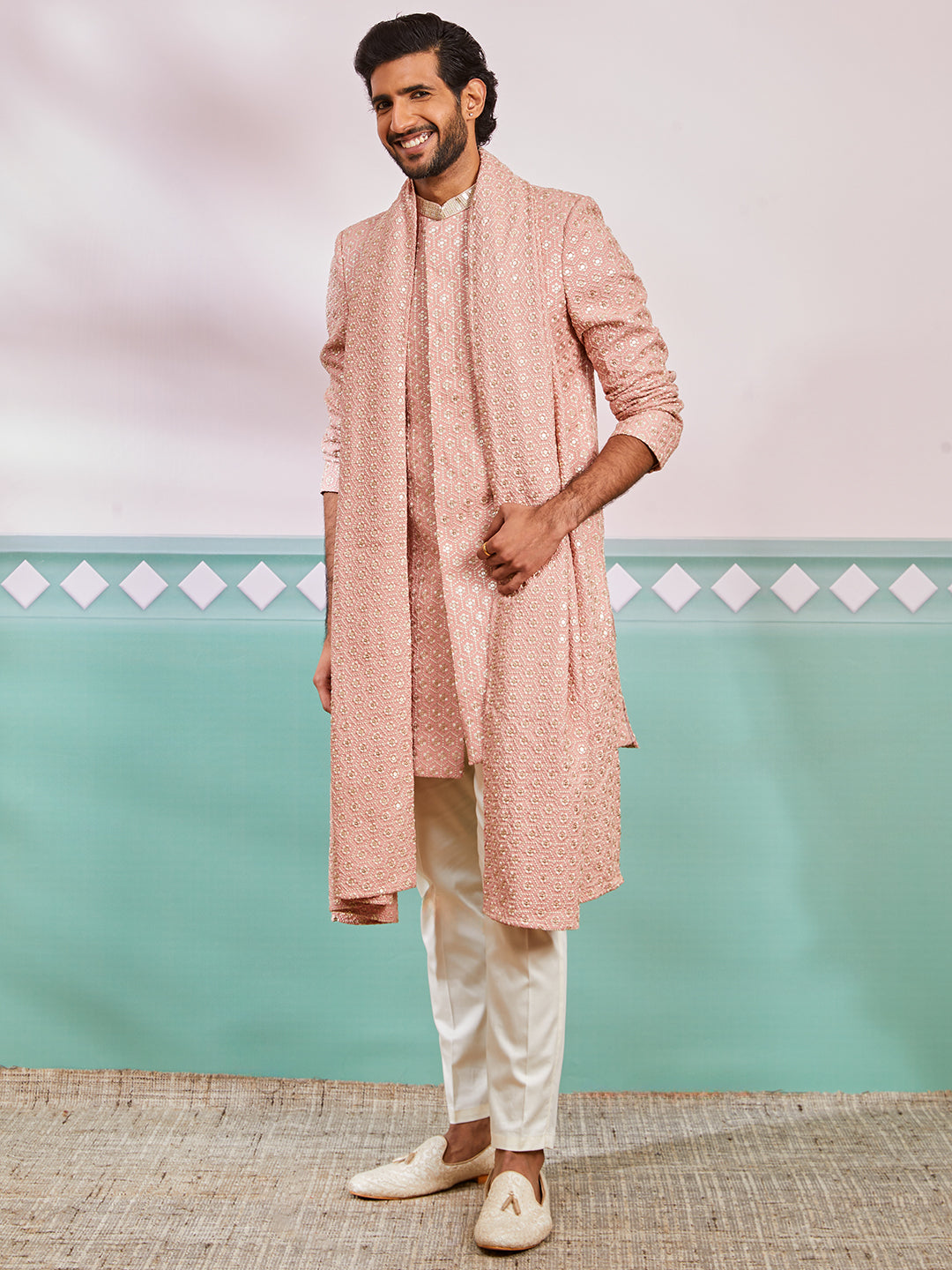 Men's Peach Rayon Indo Western, Pyjama And Dupatta Set