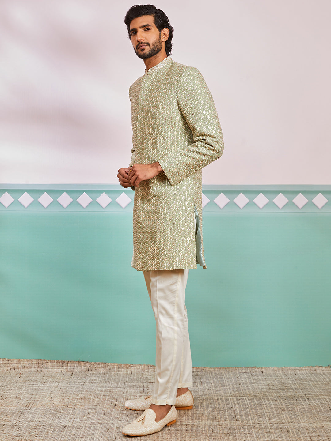 Men's Pista Green Rayon Indo Western And Pyjama Set