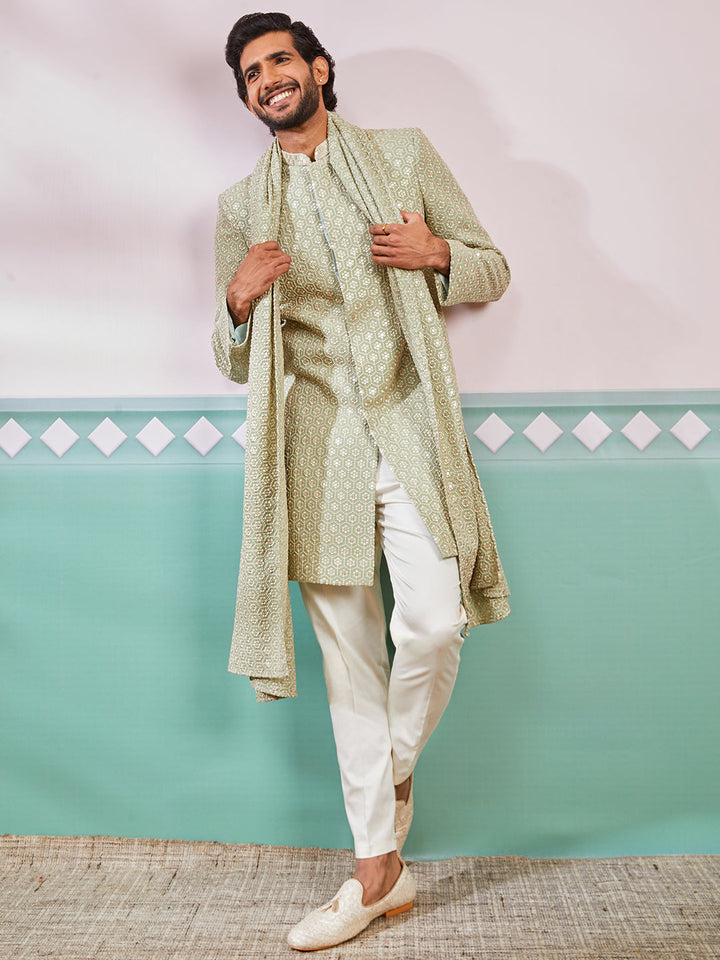 Men's Pista Green Rayon Indo Western, Pyjama And Dupatta Set