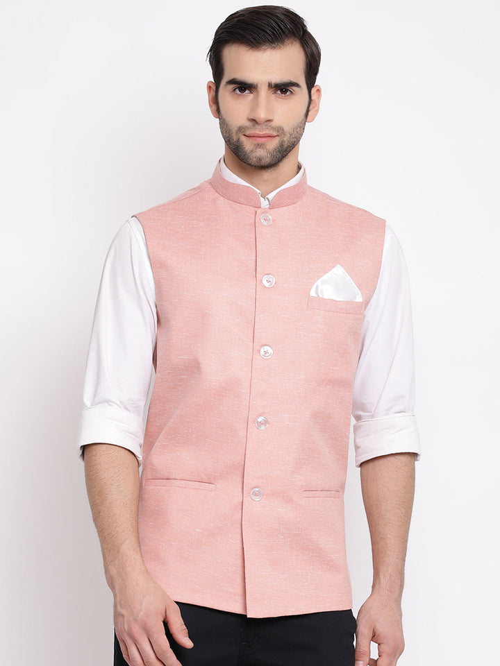 Men's Peach Solid Classic Royal Cotton Blend Nehru Jacket