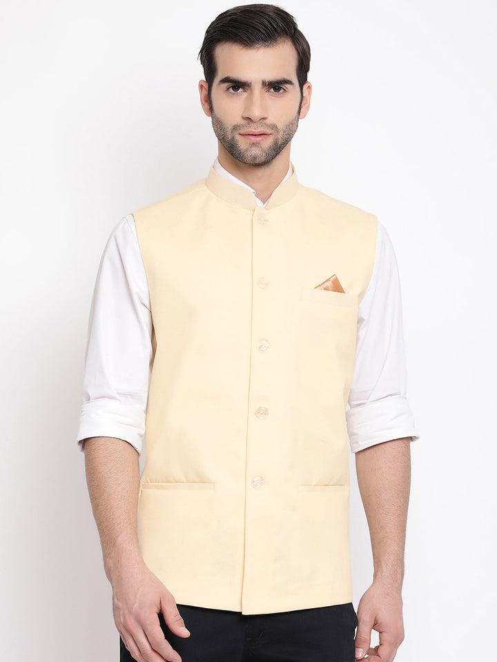 Men's Cream Solid Classic Royal Cotton Blend Nehru Jacket