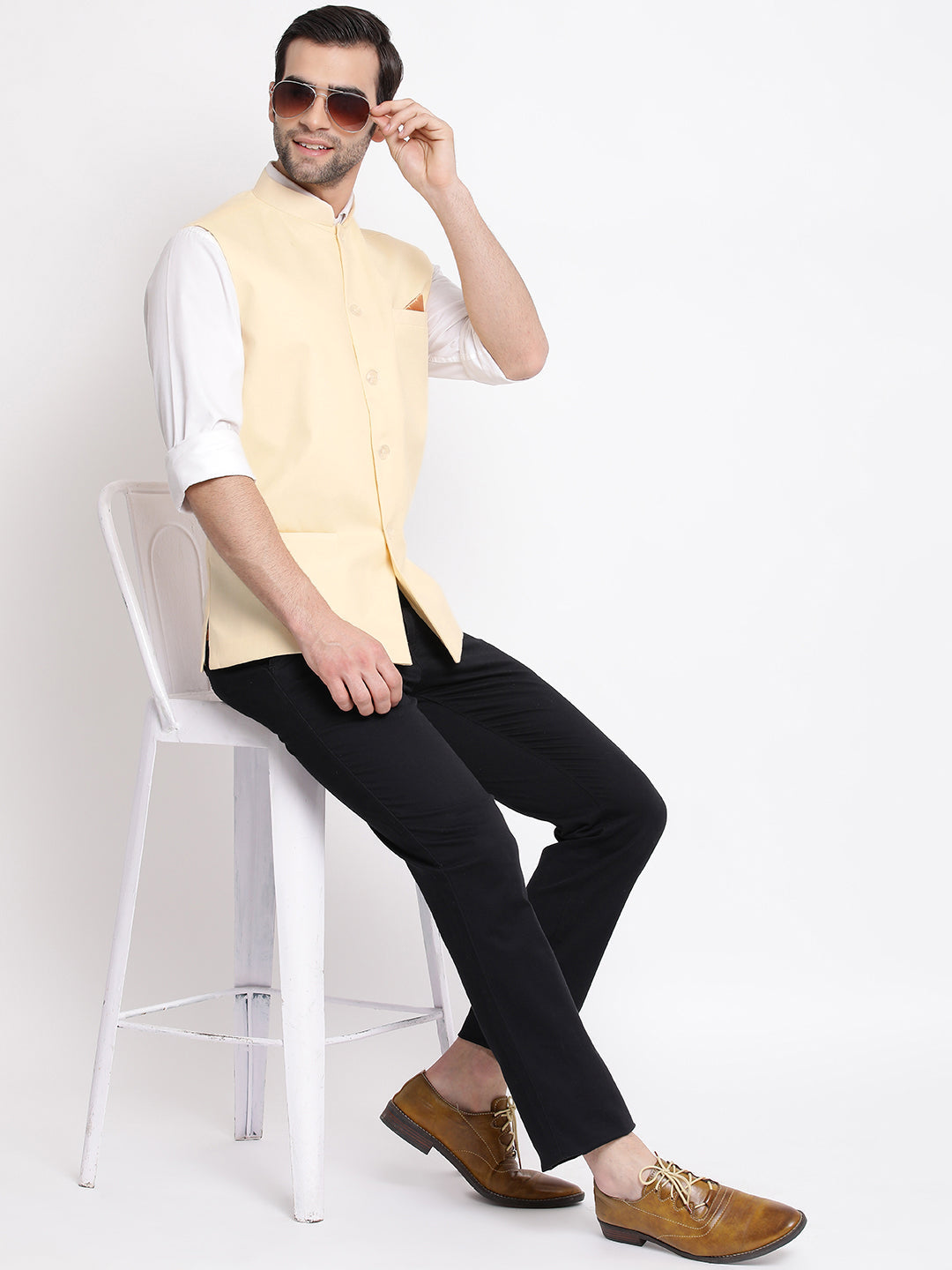 Men's Cream Solid Classic Royal Cotton Blend Nehru Jacket