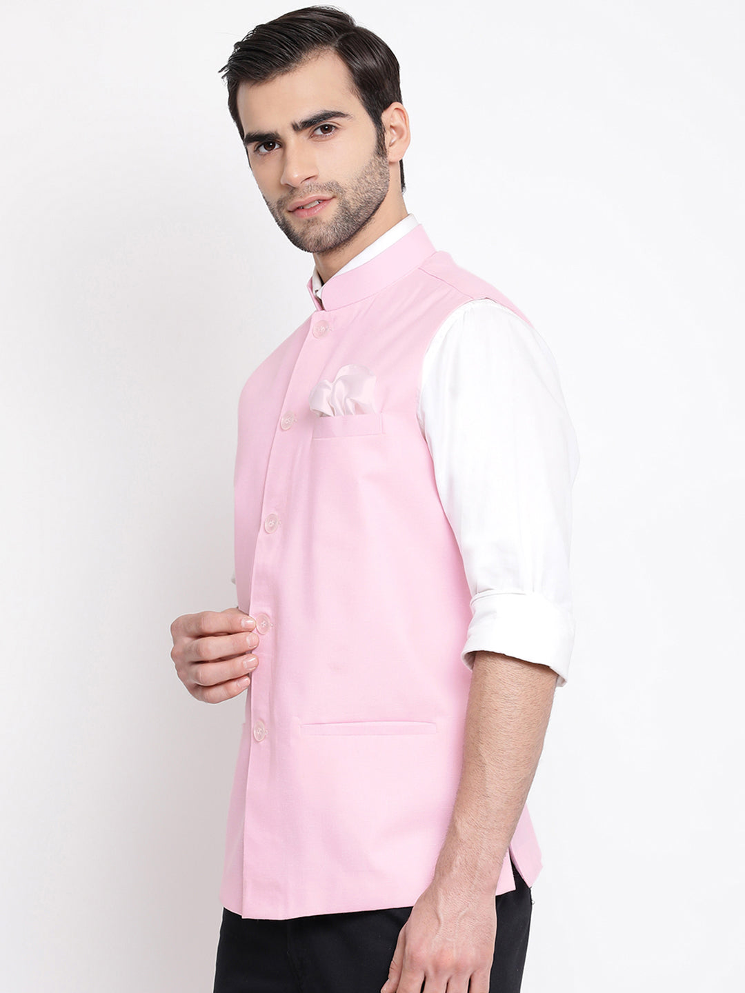 Men's Pink Solid Classic Royal Cotton Blend Nehru Jacket