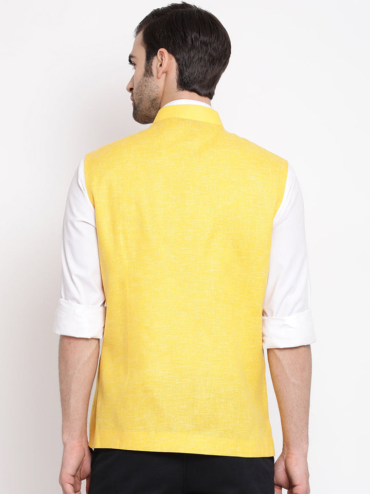 Men's Yellow Solid Classic Royal Cotton Blend Nehru Jacket