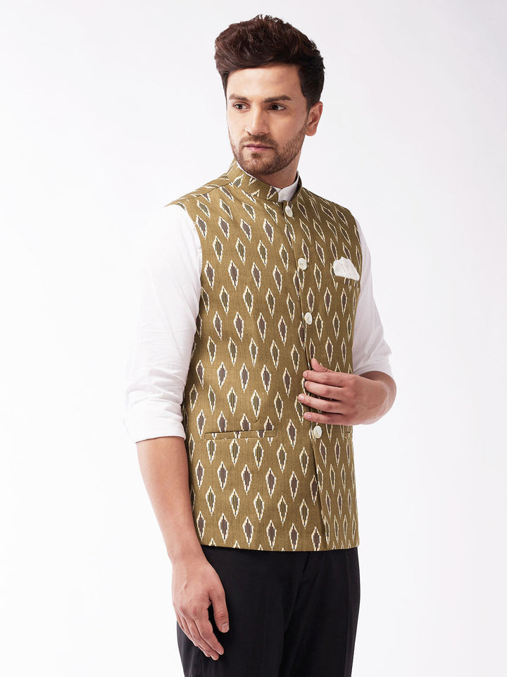 Men's Multicolour-Base-Green Cotton Nehru Jacket