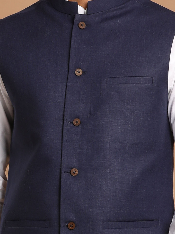 Navy Blue Cotton Blend Nehru Jacket