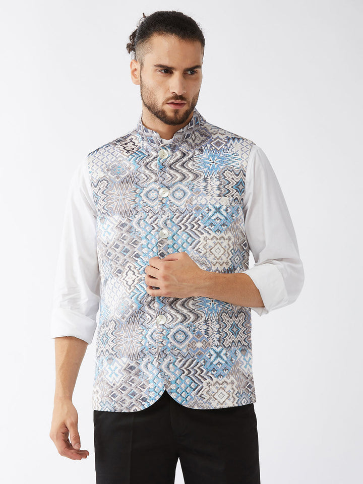 Men's White & Blue Printed Satin Slim-Fit Nehru Jacket