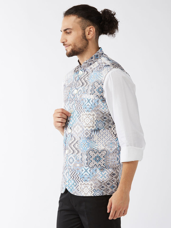 Men's White & Blue Printed Satin Slim-Fit Nehru Jacket