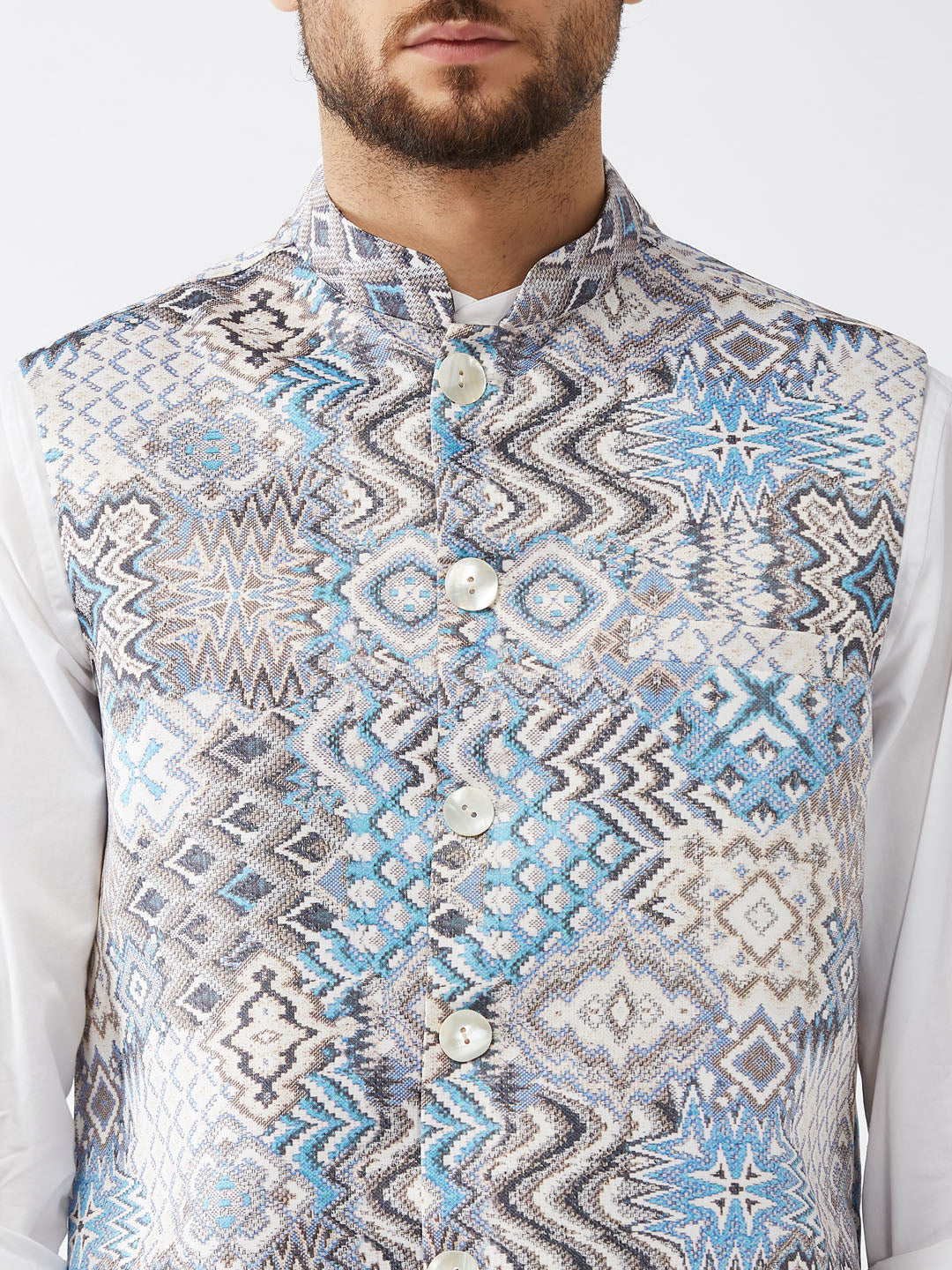 Men's White & Blue Printed Satin Slim-Fit Nehru Jacket