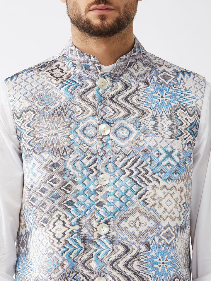 Men's White & Blue Printed Satin Slim-Fit Nehru Jacket