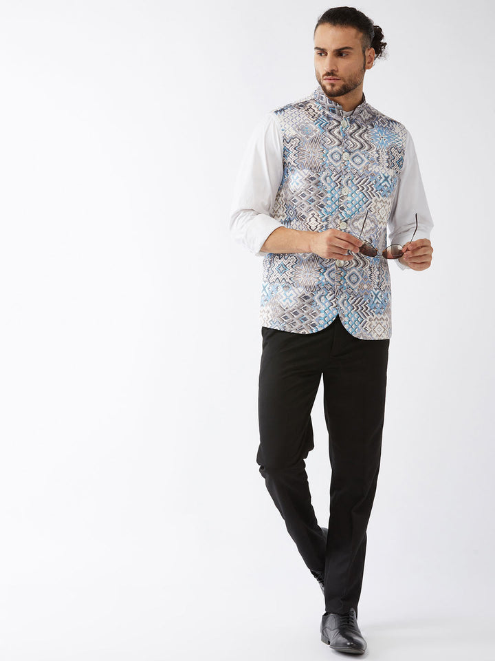 Men's White & Blue Printed Satin Slim-Fit Nehru Jacket
