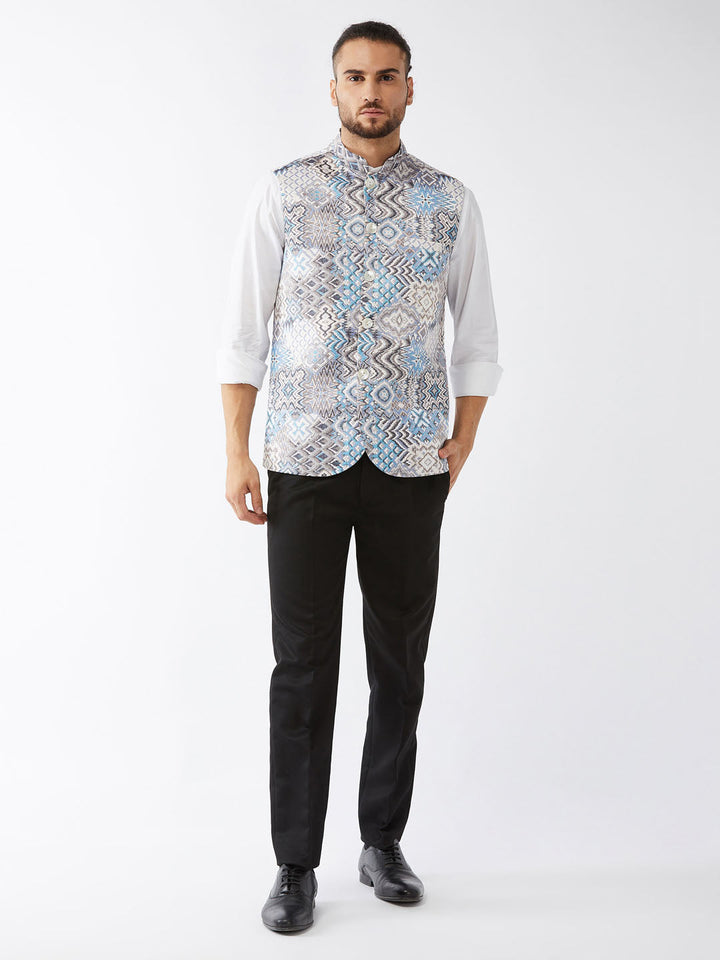 Men's White & Blue Printed Satin Slim-Fit Nehru Jacket