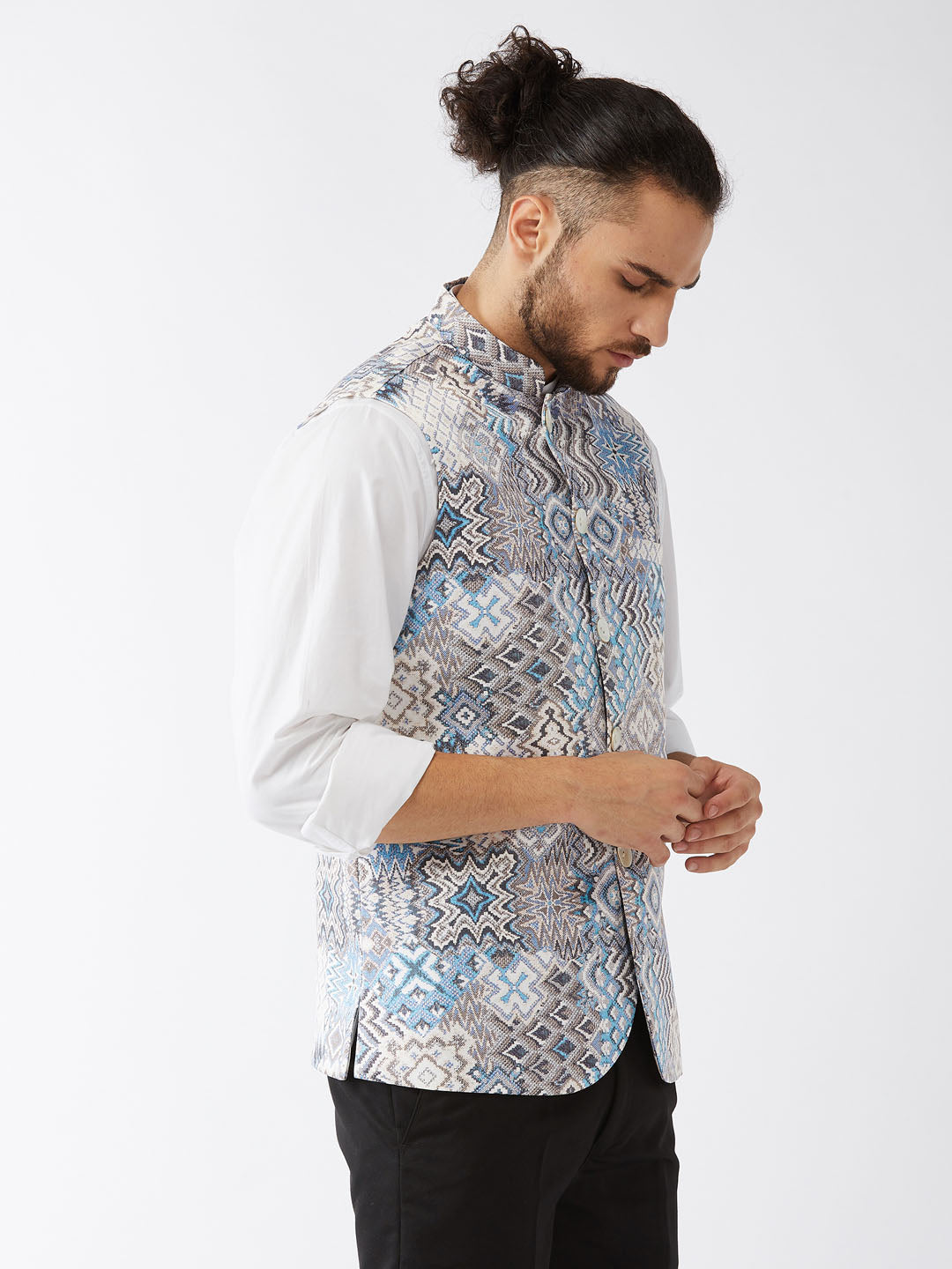 Men's White & Blue Printed Satin Slim-Fit Nehru Jacket