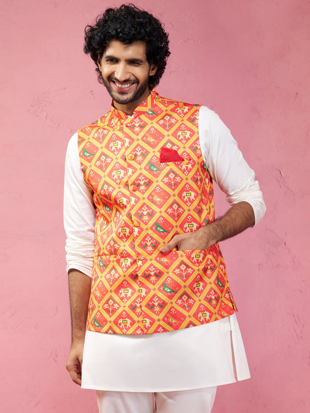 Men's Red Patola Print Nehru Jacket