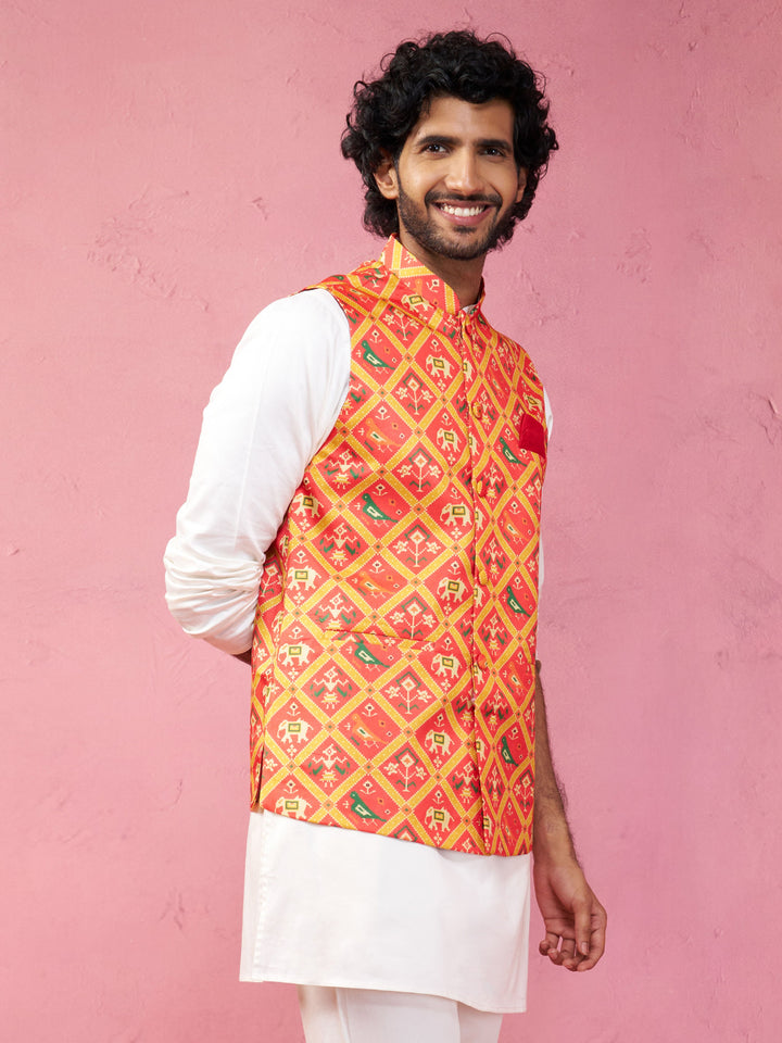 Men's Red Patola Print Nehru Jacket