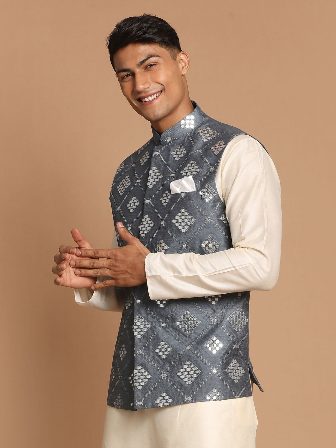 Vastramy Men's Grey Mirror-Work Ethnic Jacket
