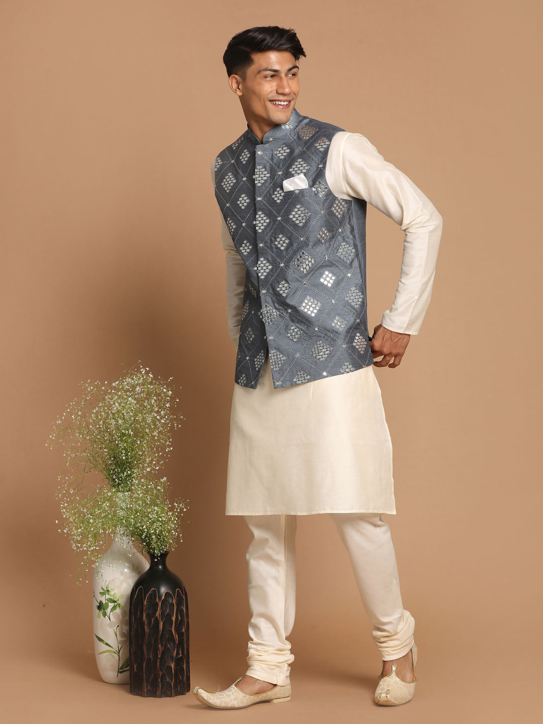 Vastramy Men's Grey Mirror-Work Ethnic Jacket