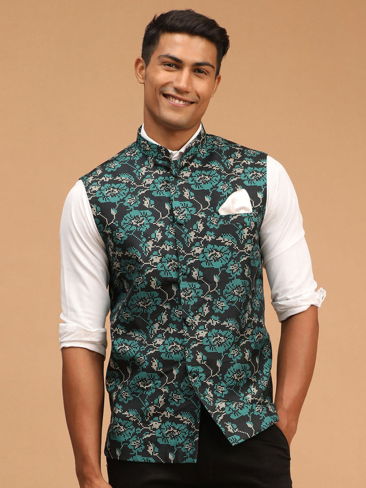 Men's Green Printed Nehru Jacket