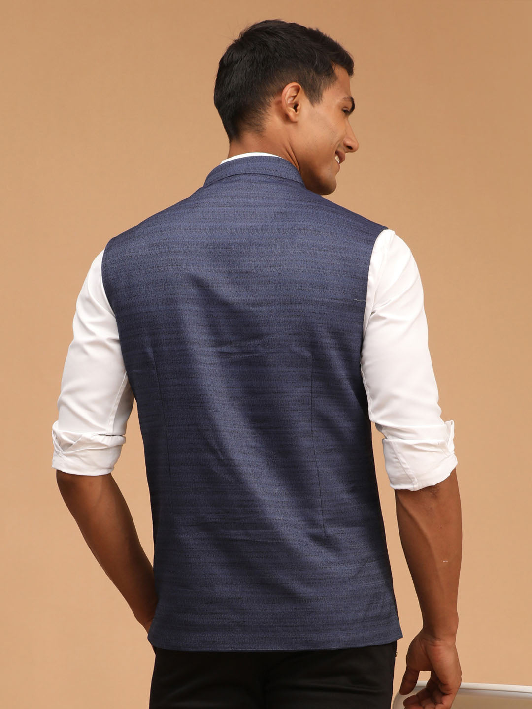 Navy Blue Cotton Blend Solid Nehru Jacket