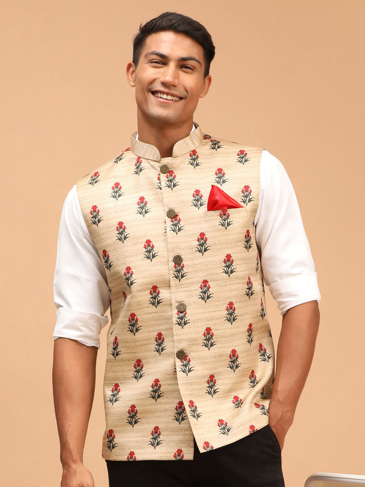 Men's Beige Rose Print Matka Silk Nehru Jacket
