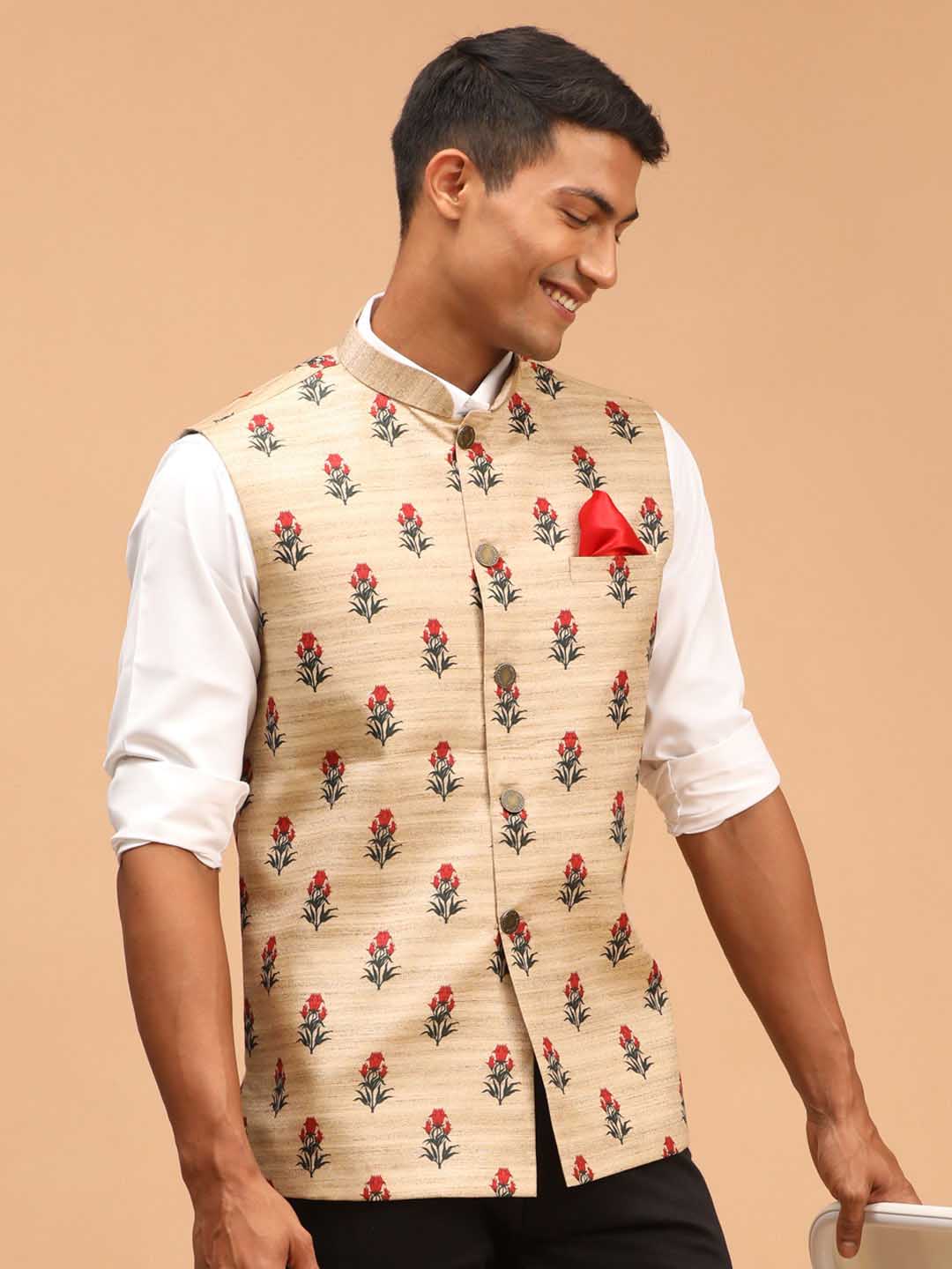 Men's Beige Rose Print Matka Silk Nehru Jacket