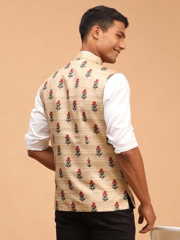 Men's Beige Rose Print Matka Silk Nehru Jacket