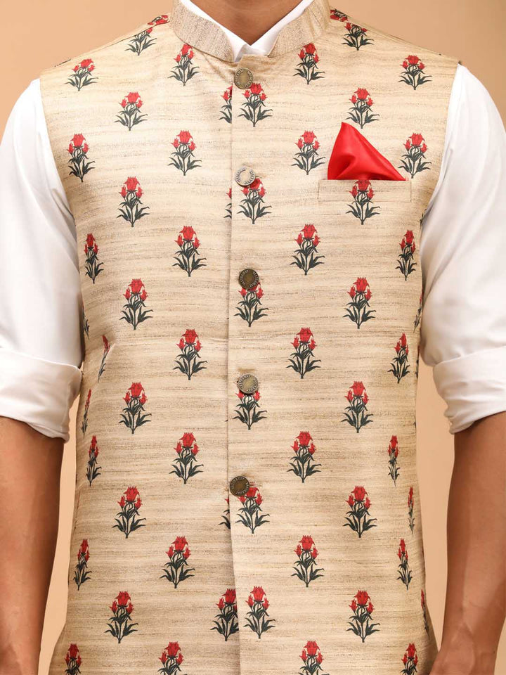 Men's Beige Rose Print Matka Silk Nehru Jacket