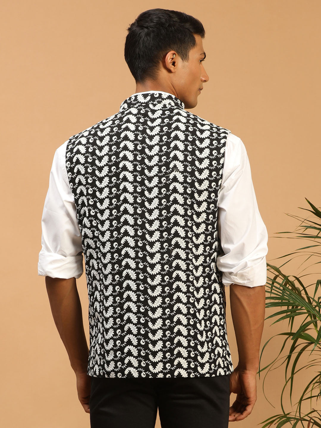 Men Black Chikankari Embroidered Pure Cotton Nehru Jacket