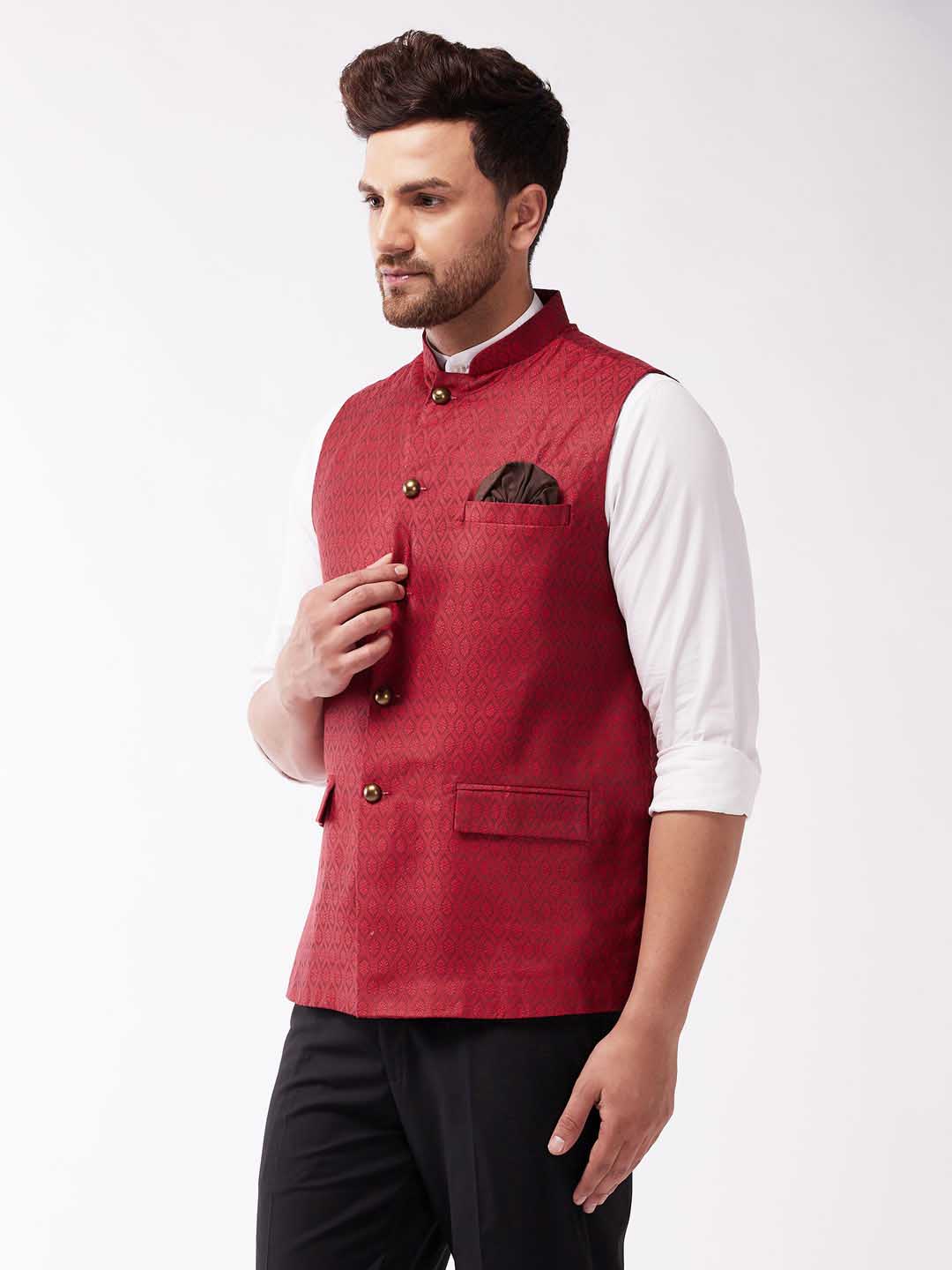 Men's Maroon Jacquard Nehru Jacket