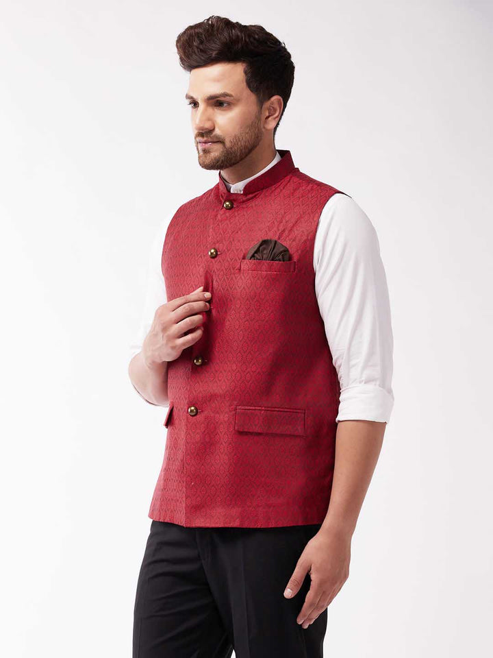 Men's Maroon Jacquard Nehru Jacket