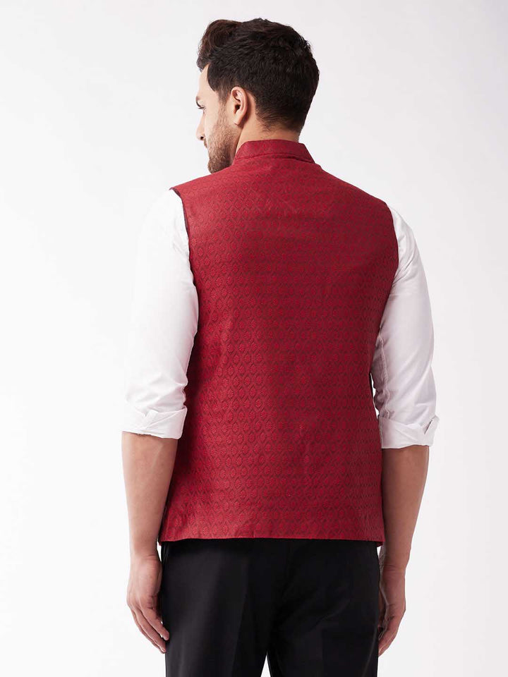 Men's Maroon Jacquard Nehru Jacket