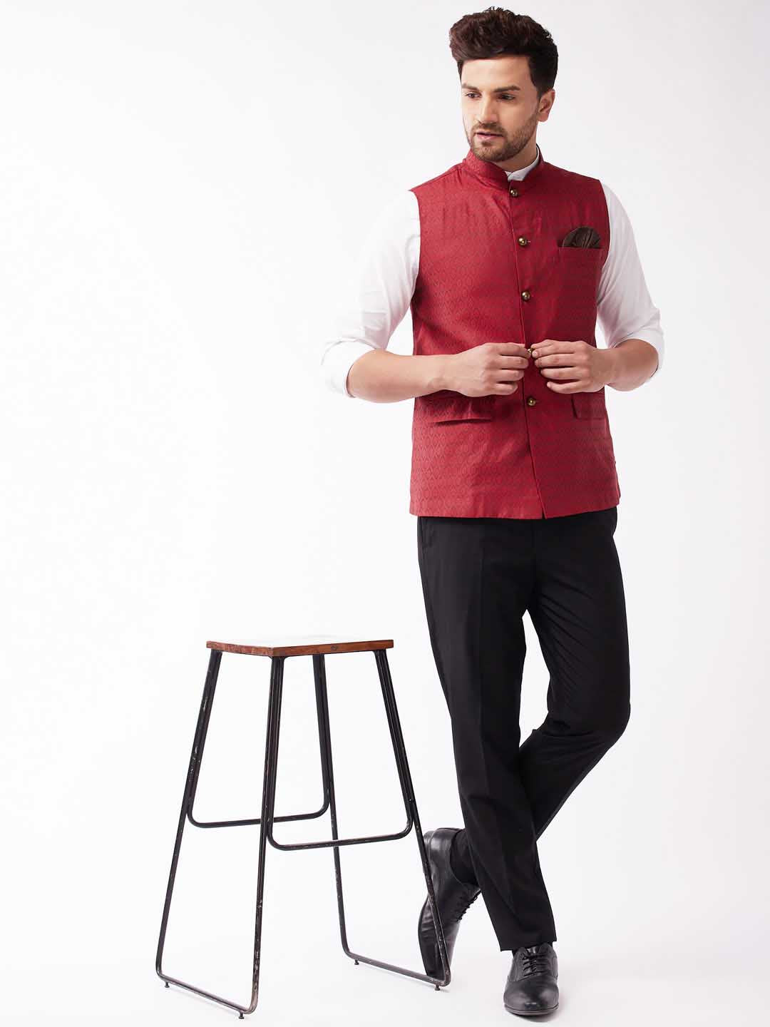 Men's Maroon Jacquard Nehru Jacket