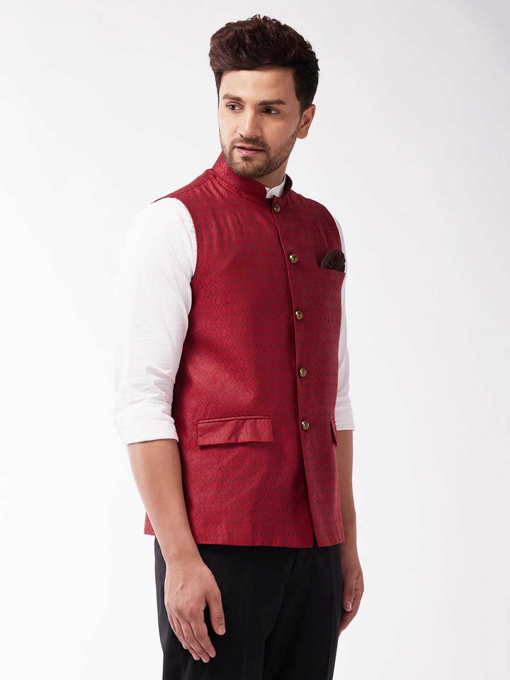 Men's Maroon Jacquard Nehru Jacket