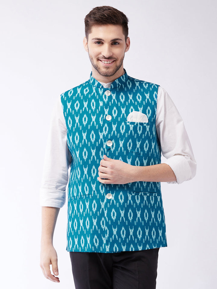 Men's Turquoise Cotton Nehru Jacket