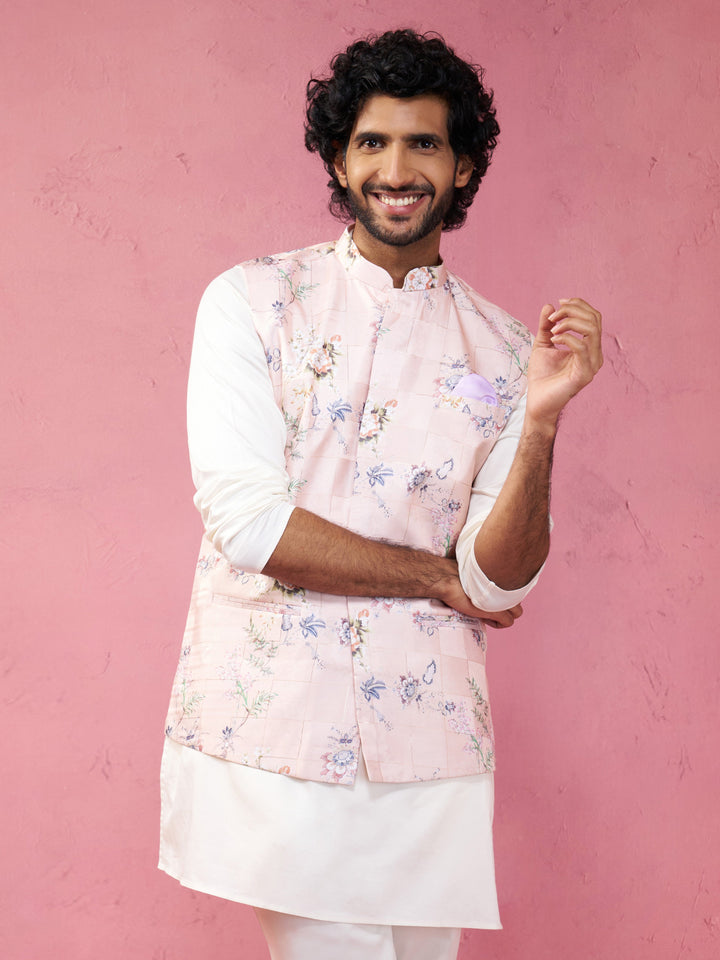 Light Pink Floral Printed Nehru Jacket